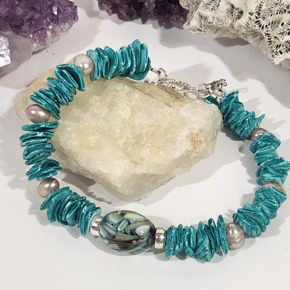"Ocean Dreams" Bracelet With Sterling, Turquoise Shells, Freshwater Pearls & MOP